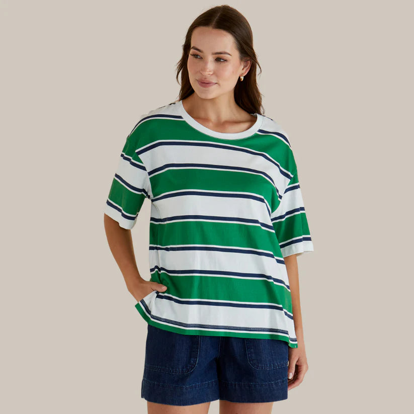 Betty Basics Relax Boxy Tee - Navy /Green Stripe