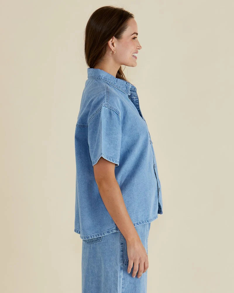 Betty Basics Saffra Short Sleeve Denim Shirt - Blue Wash