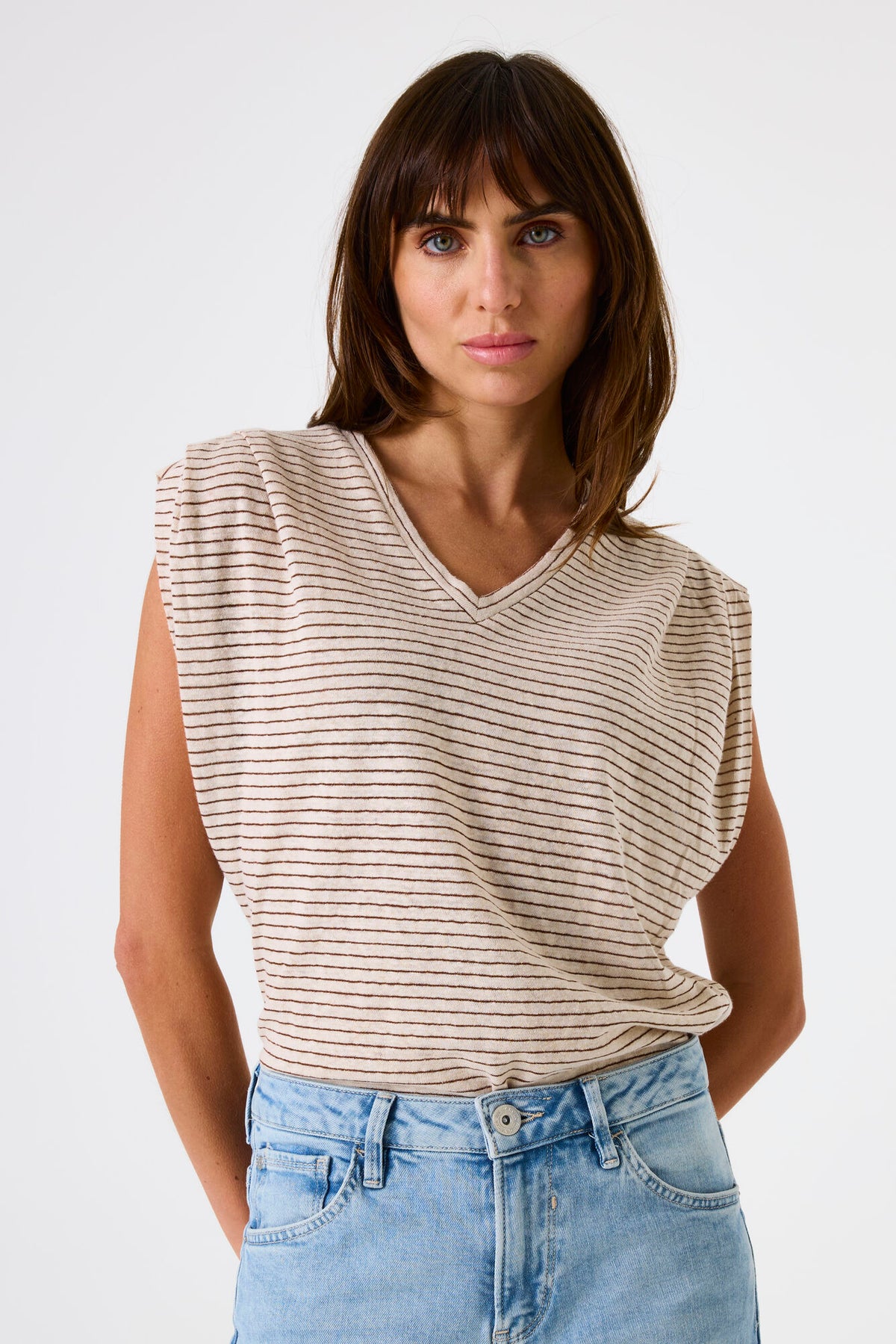 Garcia V-Neck Striped T-Shirt - Beige