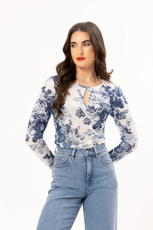 Leila + Luca Loveable Mesh Top - White/Blue Print