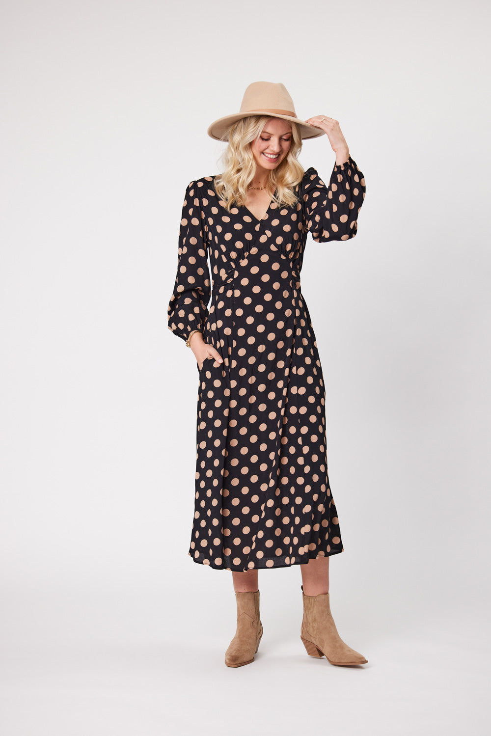 Lemon Tree Sabrina Dress - Latte Polkadot