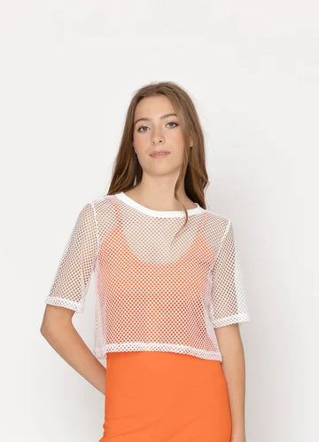 Two by Two Short Sleeve Arrow Mesh Top - White