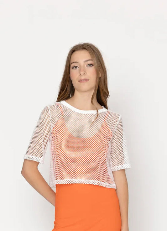 Two by Two Short Sleeve Arrow Mesh Top - White