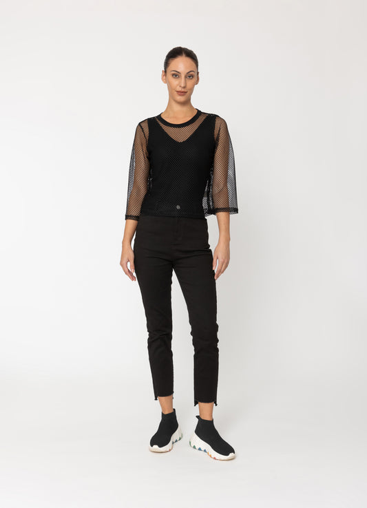 Two By Two Arrow Mesh Top 3/4 Sleeve - Black