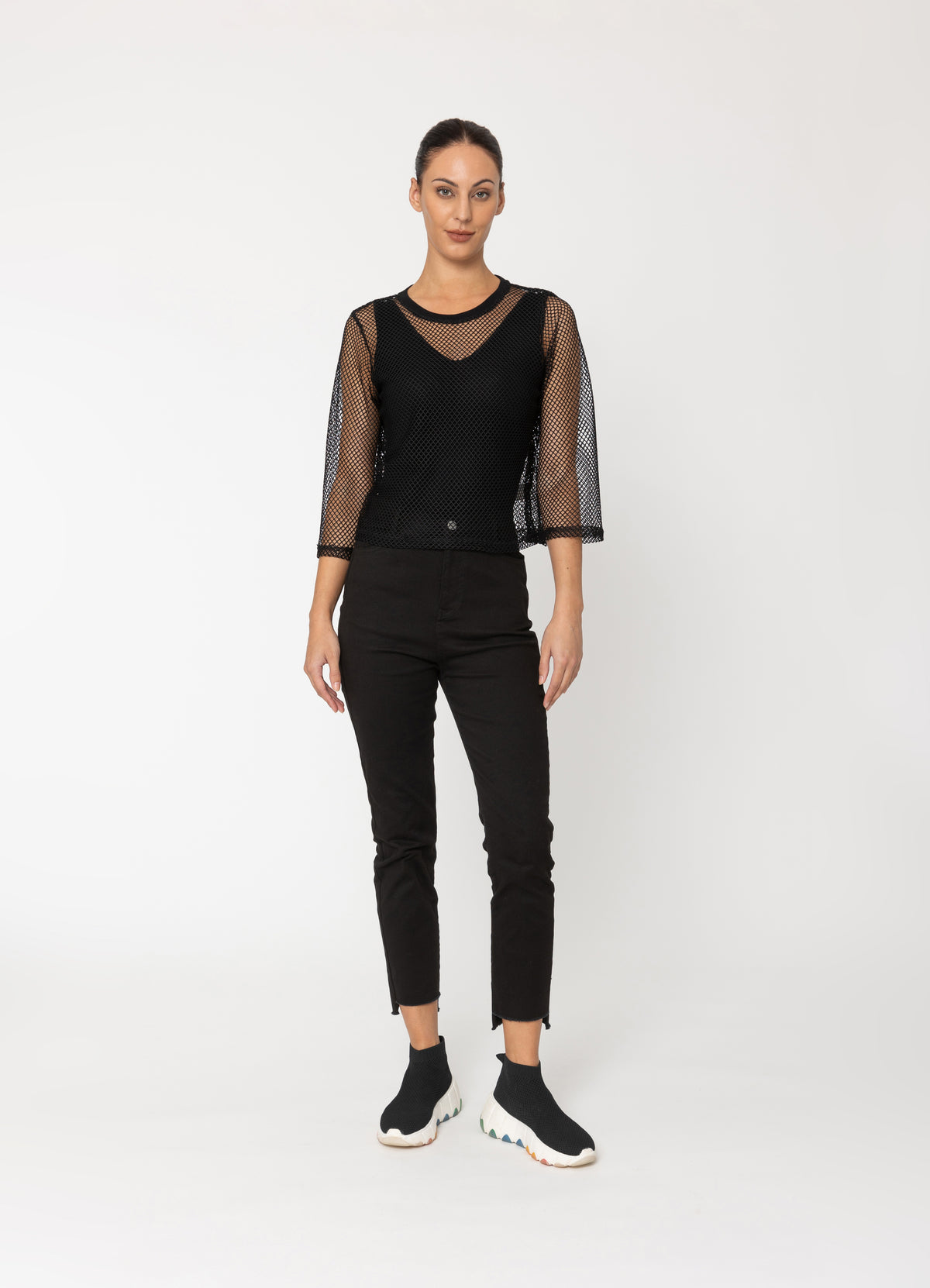Two By Two Arrow Mesh Top 3/4 Sleeve - Black