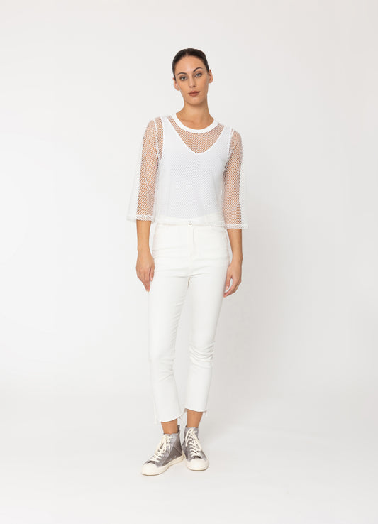 Two By Two Arrow Mesh Top 3/4 Sleeve - White