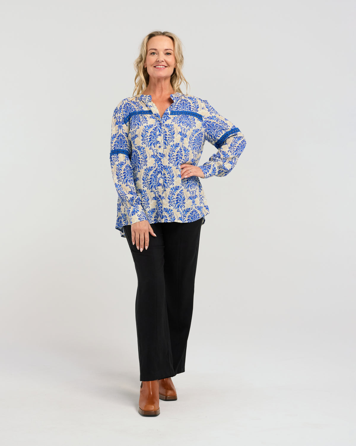 Seduce Claudia Blouse - Blue Damask