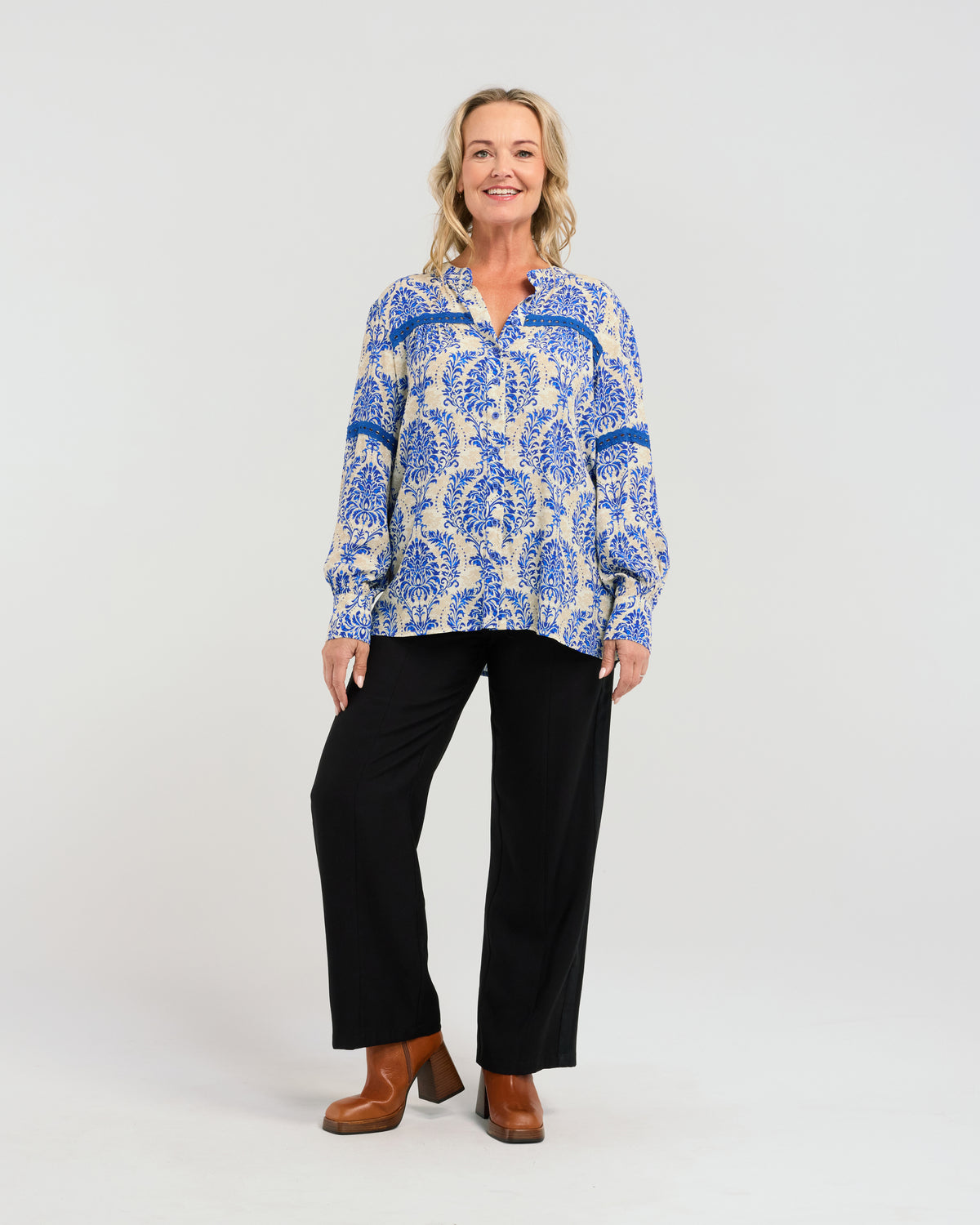 Seduce Claudia Blouse - Blue Damask
