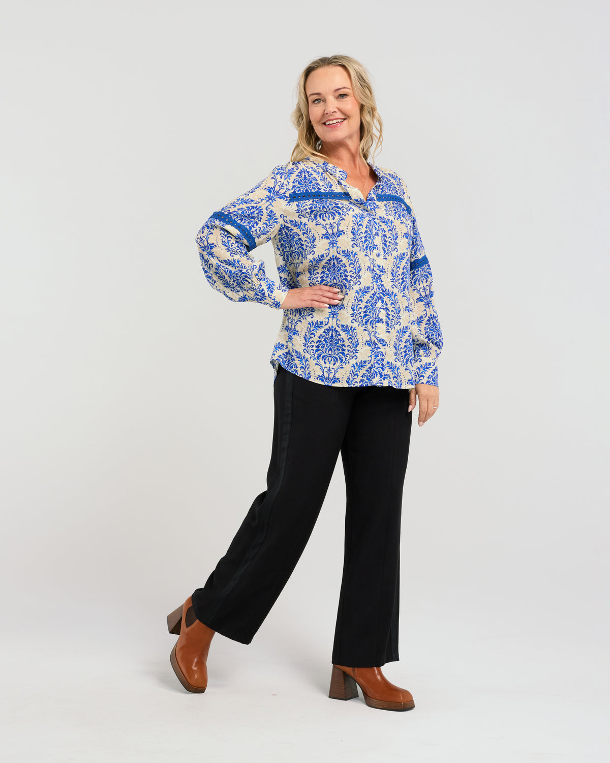 Seduce Claudia Blouse - Blue Damask
