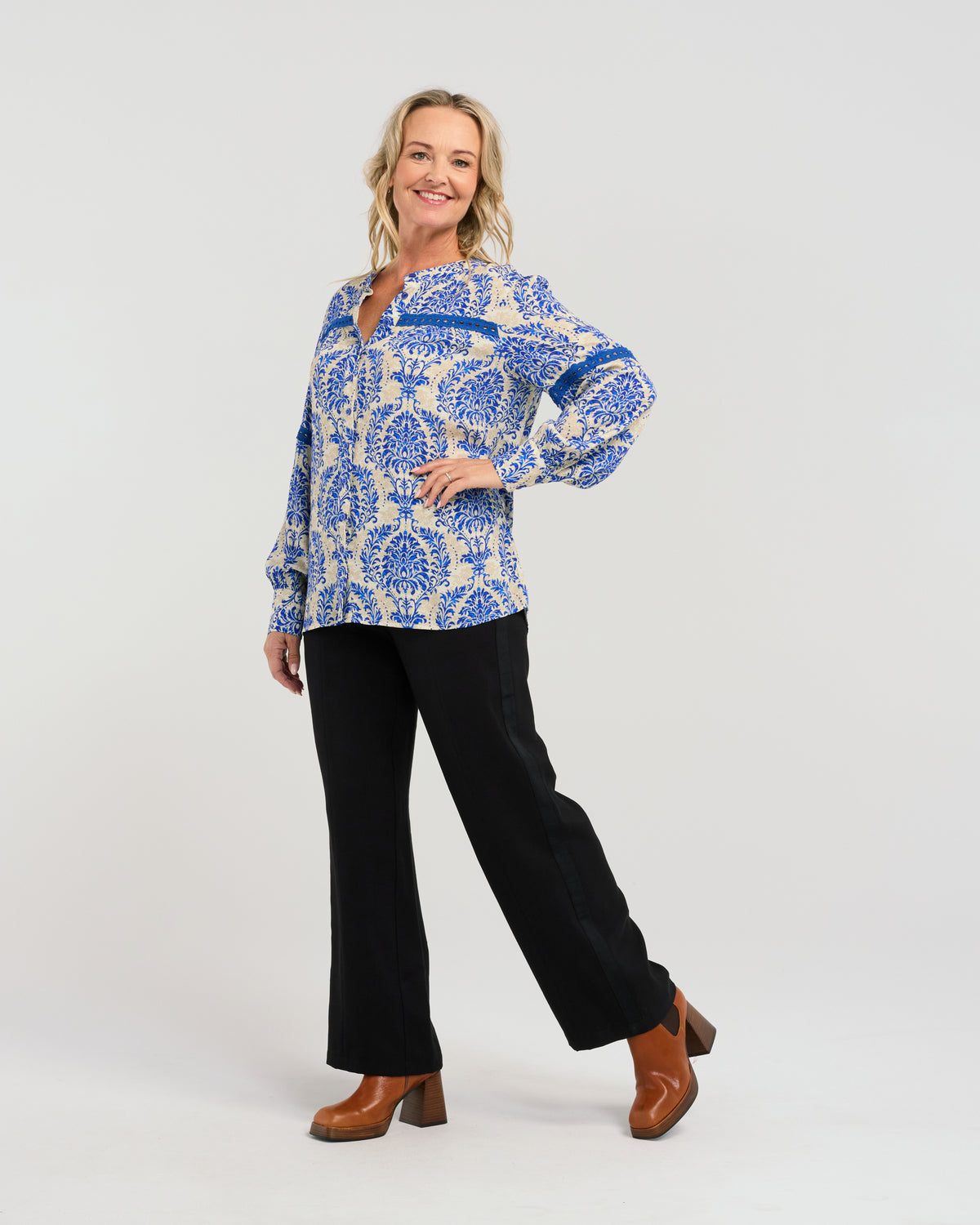 Seduce Claudia Blouse - Blue Damask