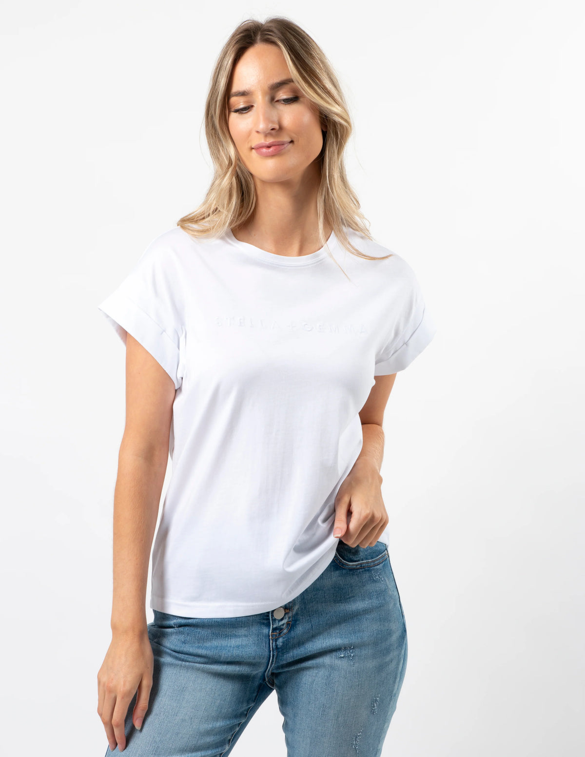 Stella + Gemma Soho Cuff Tee - White Embrodiered Logo