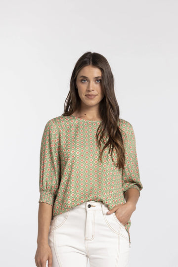 Mi Moso Finley Top - Green/Pink Print