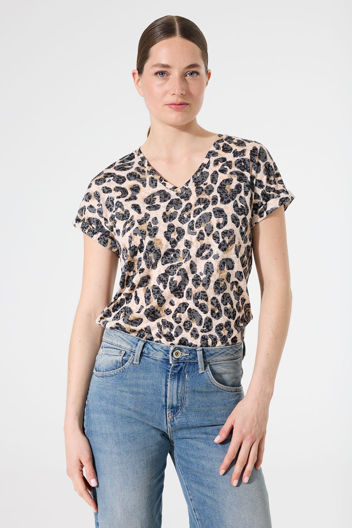 Garcia V-Neck Top - Almond Leopard Print