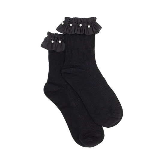 Antler Pleated Pearl Frill Sock - Black