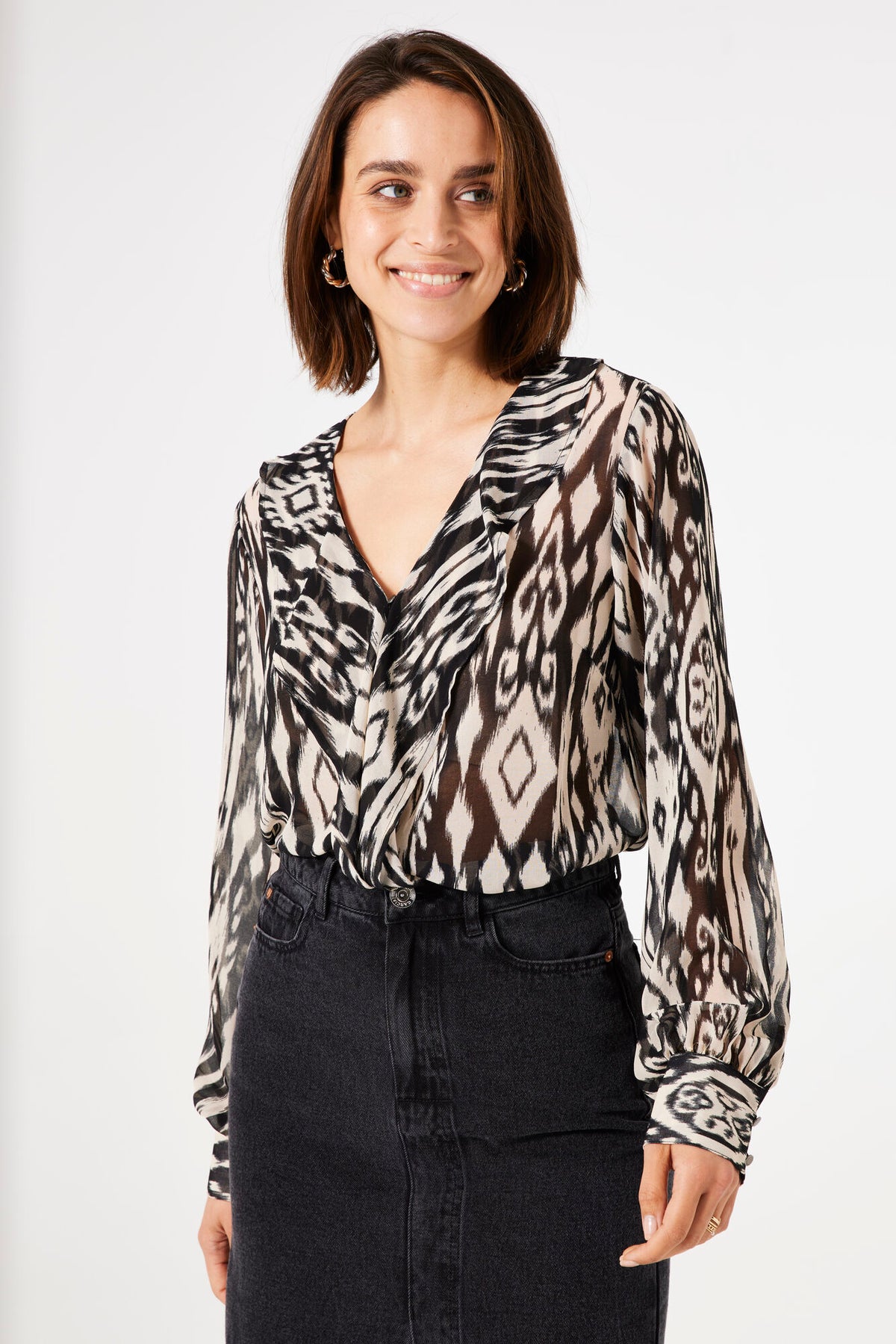 Garcia Long Sleeved Blouse - Black Geo Print