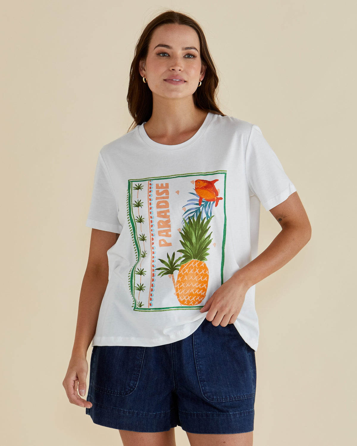 Betty Basics Ella Crew Tee - Paradise Beach  White