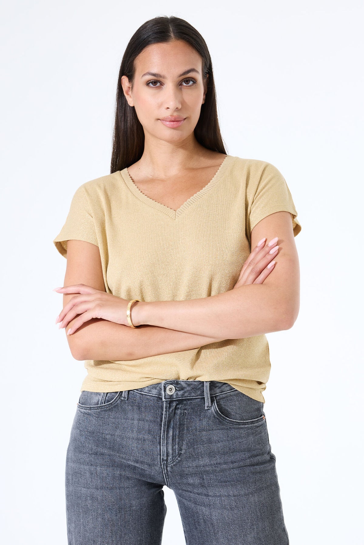 Garcia V-Neck Metallic Top - Iced Coffee