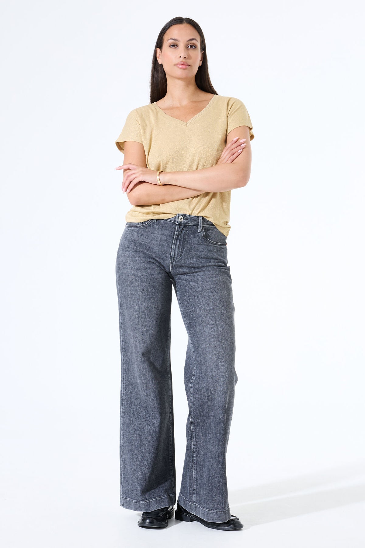 Garcia V-Neck Metallic Top - Iced Coffee